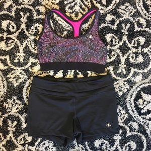 Champion sports bra large black yoga shorts medium